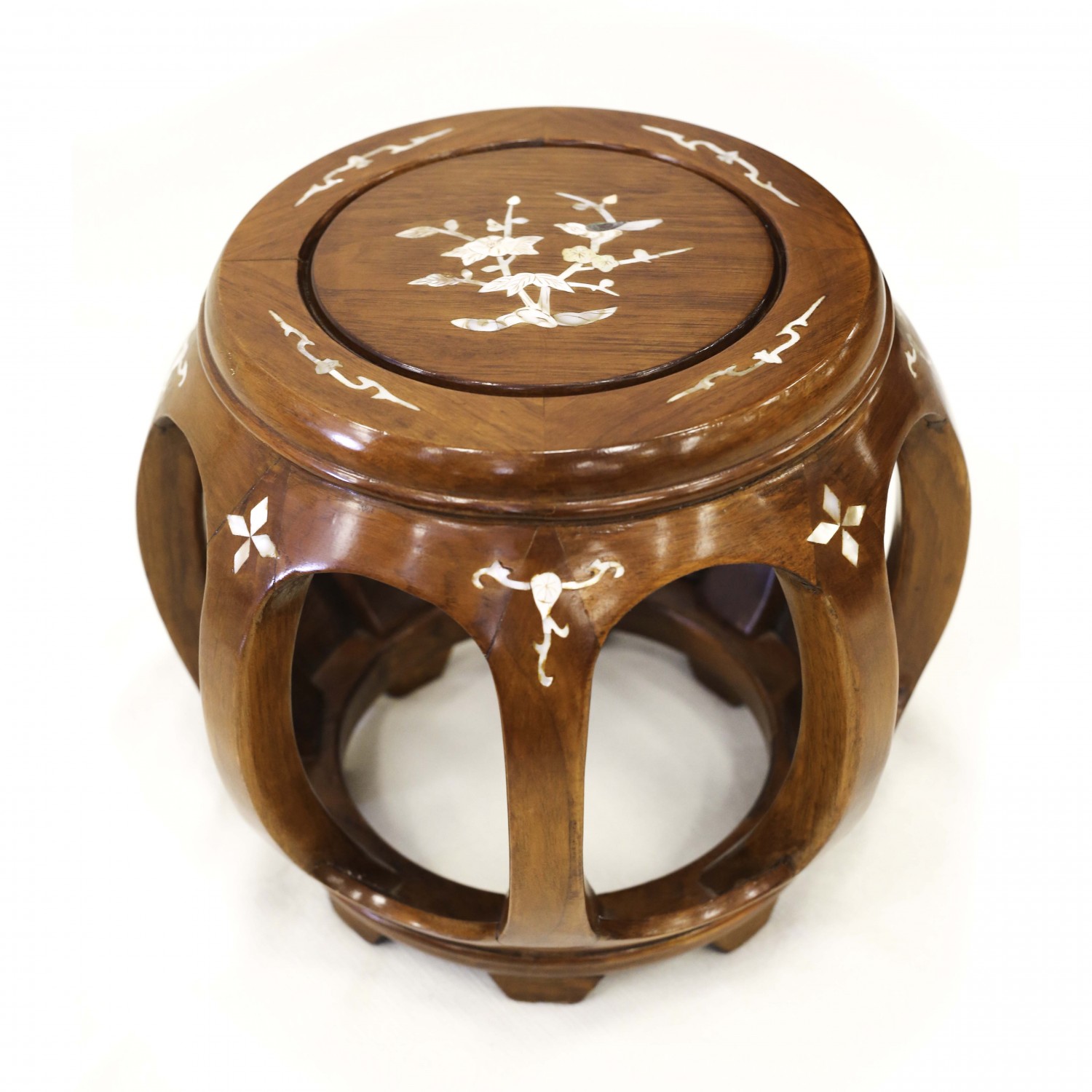 Solid Rosewood Small Drum Stool with Mother of Pearls Inlaid Natural